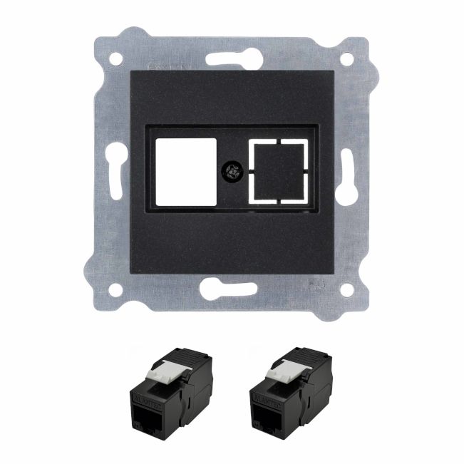 Gniazdo Komputerowe EXEN 2xRJ45 kat.5e (czarny wtyk) UTP Czarny Metalik kpl