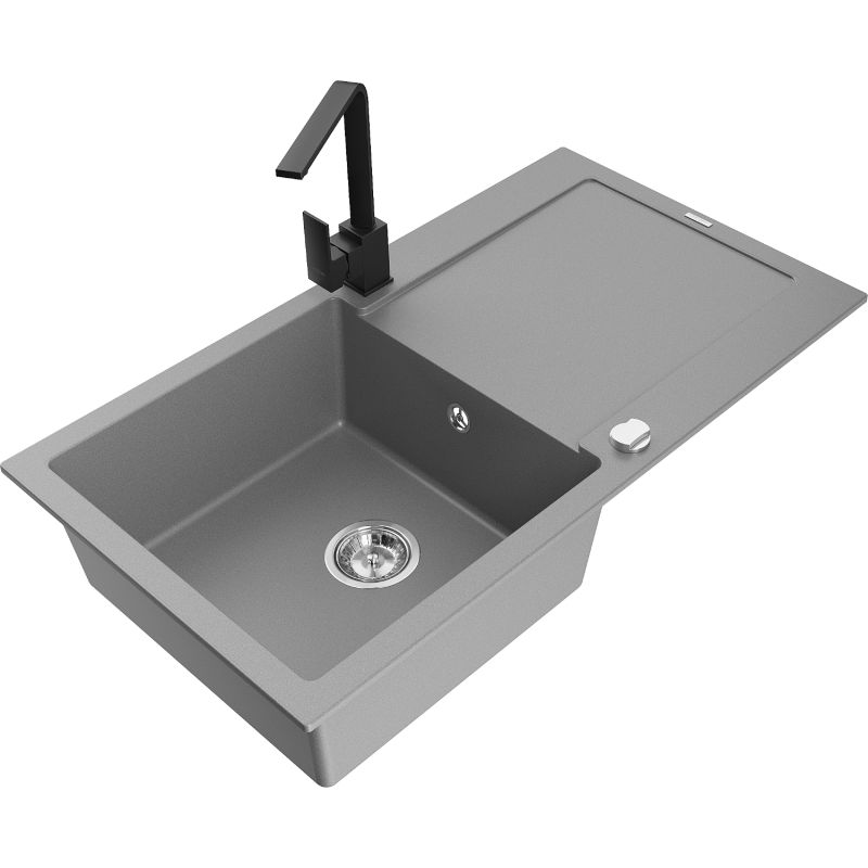 Zlewozmywak granitowy 1-komorowy Mexen Leo z ociekaczem i baterią kuchenną Rita szary - 6501-71-670300-71 1 szt.