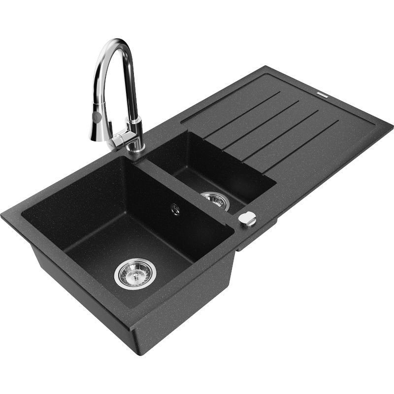 Zlewozmywak granitowy 1.5-komorowy Mexen Andres z ociekaczem i baterią kuchenną Elia czarny/srebrny metalik 6515-73-670101-00