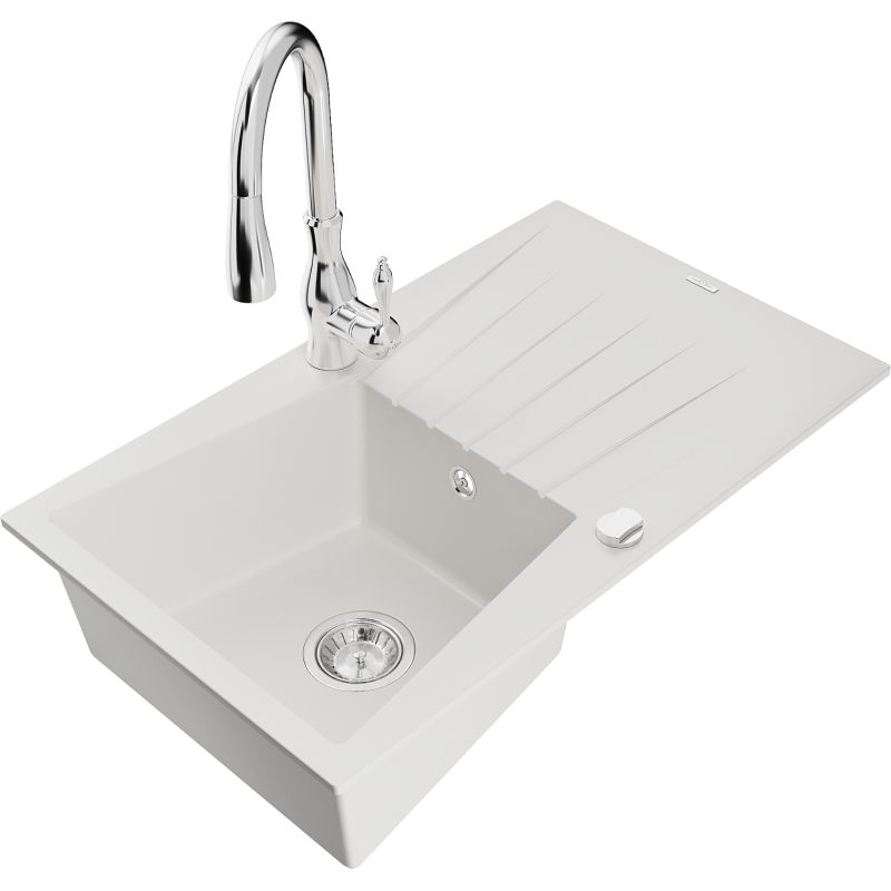 Zlewozmywak granitowy 1-komorowy Mexen Cesar z ociekaczem i baterią kuchenną Savita biały - 6514-20-672601-70 1 szt.