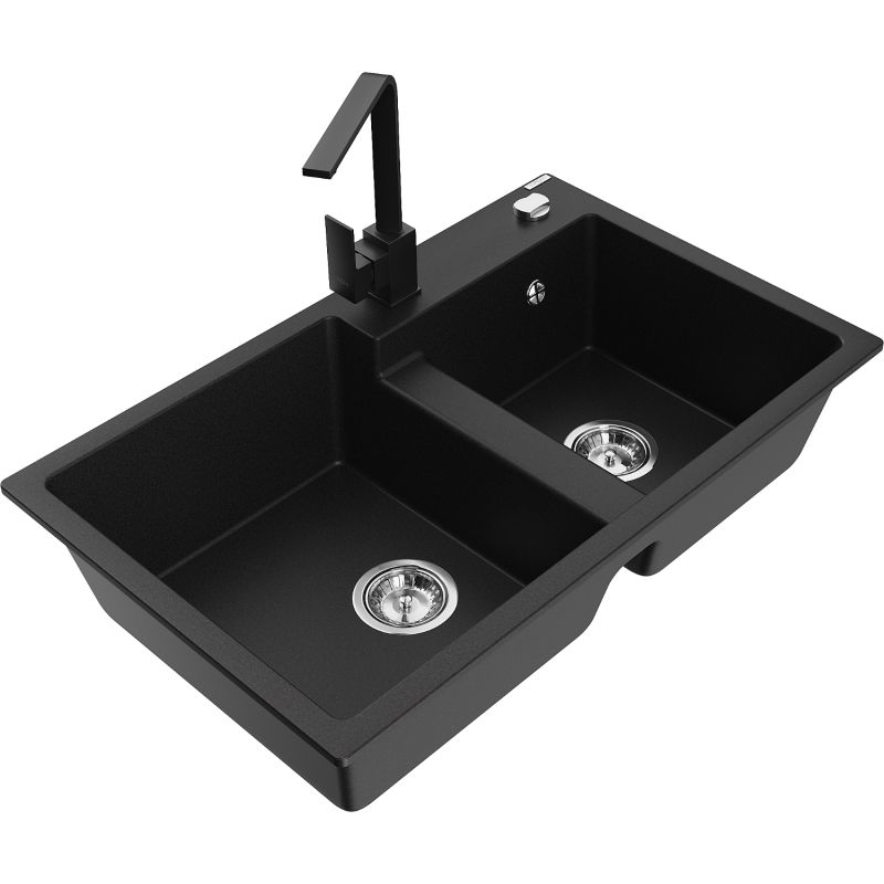 Zlewozmywak granitowy 2-komorowy Mexen Tomas z baterią kuchenną Rita czarny - 6516-77-670300-70-B 1 szt.