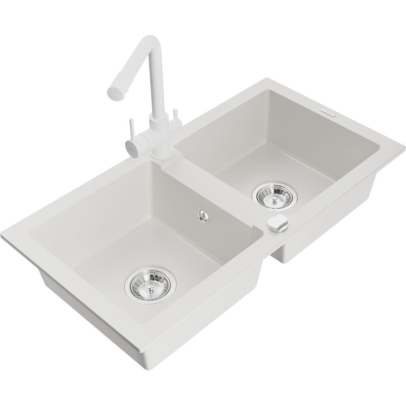 Zlewozmywak granitowy 2-komorowy Mexen Mario z baterią kuchenną Duero biały 6504-20-671600-20