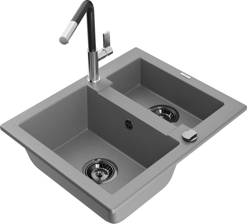 Zlewozmywak granitowy Mexen Carlos 1,5-komorowy z baterią kuchenną Flora szary 6518-71-670401-07-B