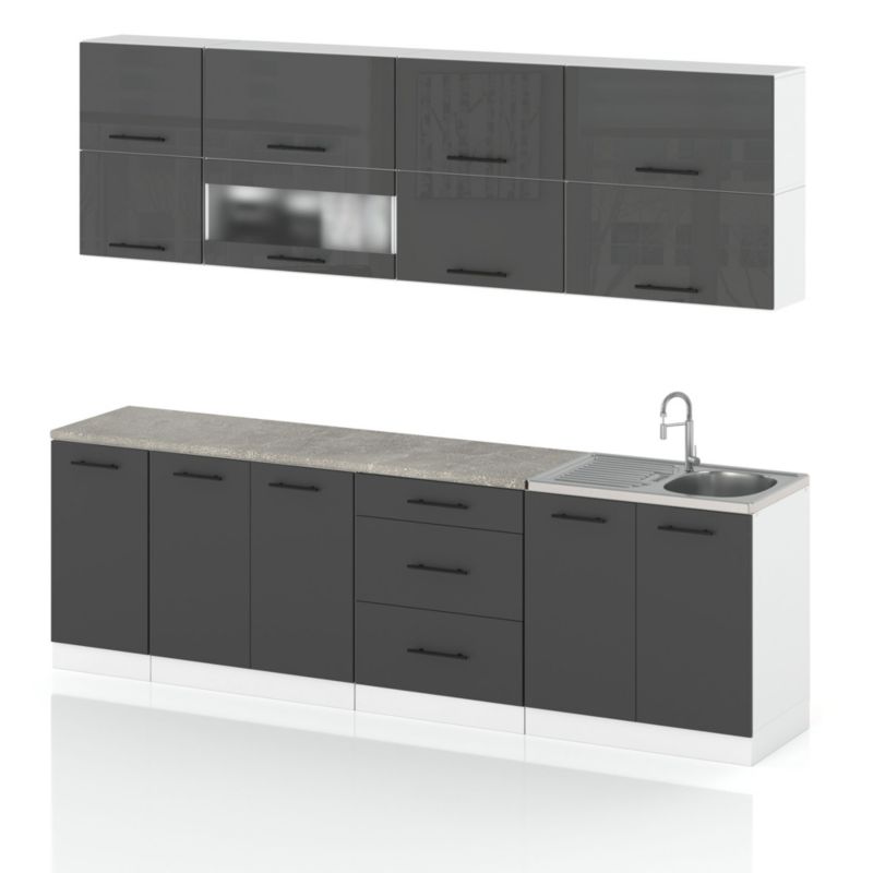 Zestaw Kuchenny Hurtownia-Mebli Z Blatem Kuchnia Robo Lux 260cm Biały Mat Szary Połysk/Szary Mat 260x52x157 cm 1szt.