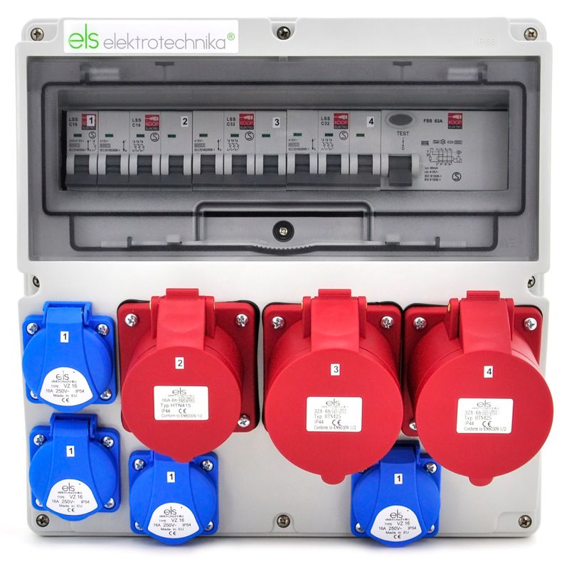 Rozdzielnica siłowa ELS Elektrotechnika 14NO41C11C22CF63 4x230V 2x32A/5 16A/5 z wyłącznikami nadprądowymi C16/C32 i FI63/4, 1 szt.