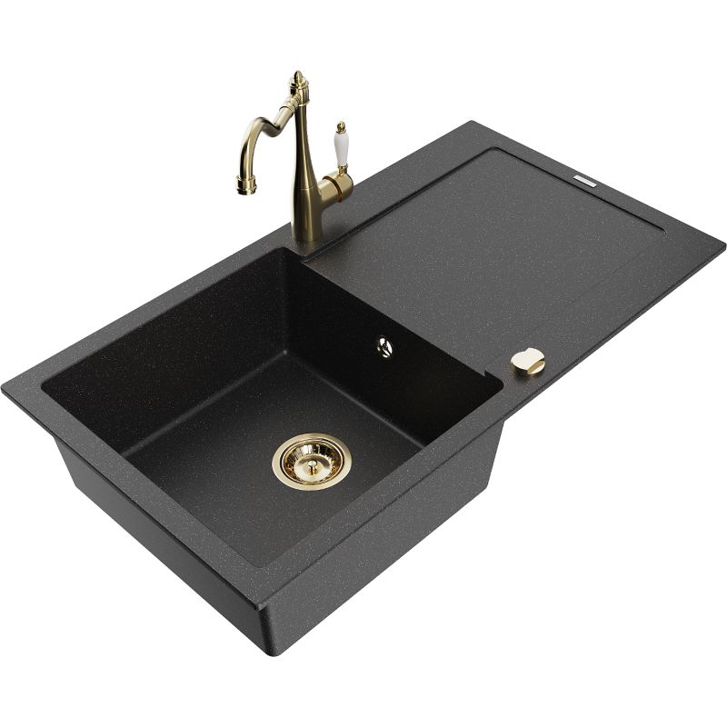 Zlewozmywak granitowy 1-komorowy Mexen Leo z ociekaczem i baterią kuchenną Carla czarny/srebrny metalik 6501-73-670700-50