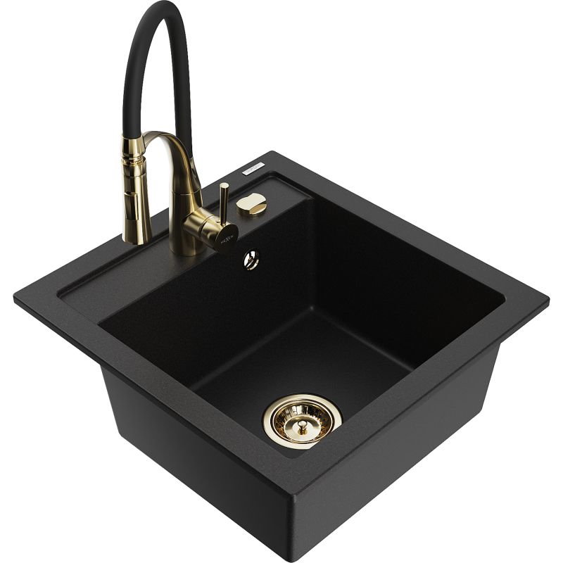 Zlewozmywak granitowy 1-komorowy Mexen Vito z baterią kuchenną Aster czarny 6503-77-73450-57-G