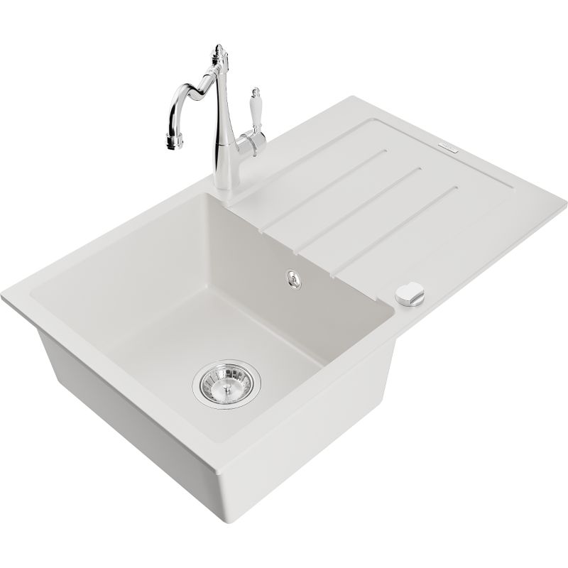 Zlewozmywak granitowy 1-komorowy Mexen Bruno z ociekaczem i baterią kuchenną Carla biały 6513-20-670700-00