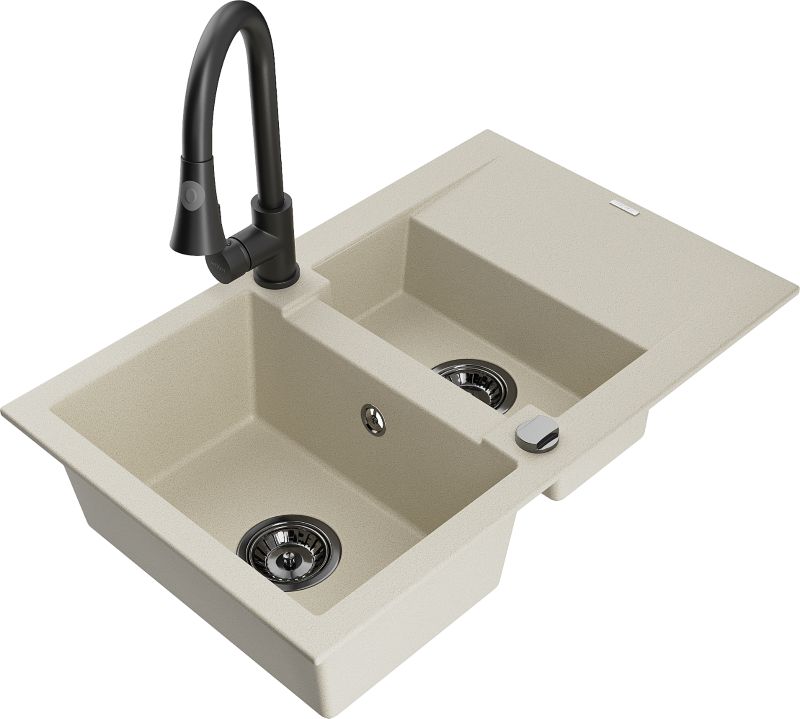 Zlewozmywak granitowy Mexen Gaspar 1,5-komorowy z ociekaczem i baterią kuchenną Elia biały - 6507-20-670101-70 1 szt.