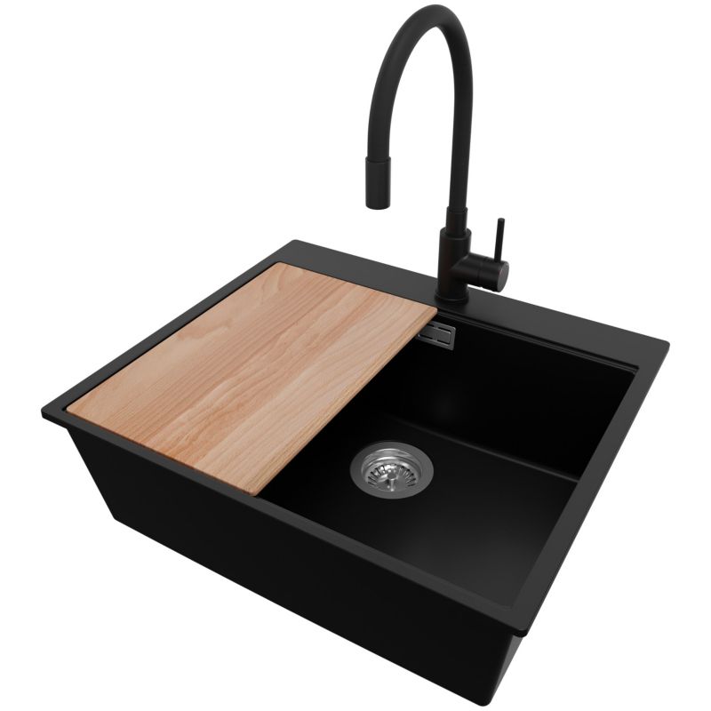 Zlewozmywak Granitowy Oslo PRIMAGRAN Nablatowy 58x50cm do szafki od 60cm, Czarny + Bateria 40x38cm + Syfon + Deska, S429, 1 szt.