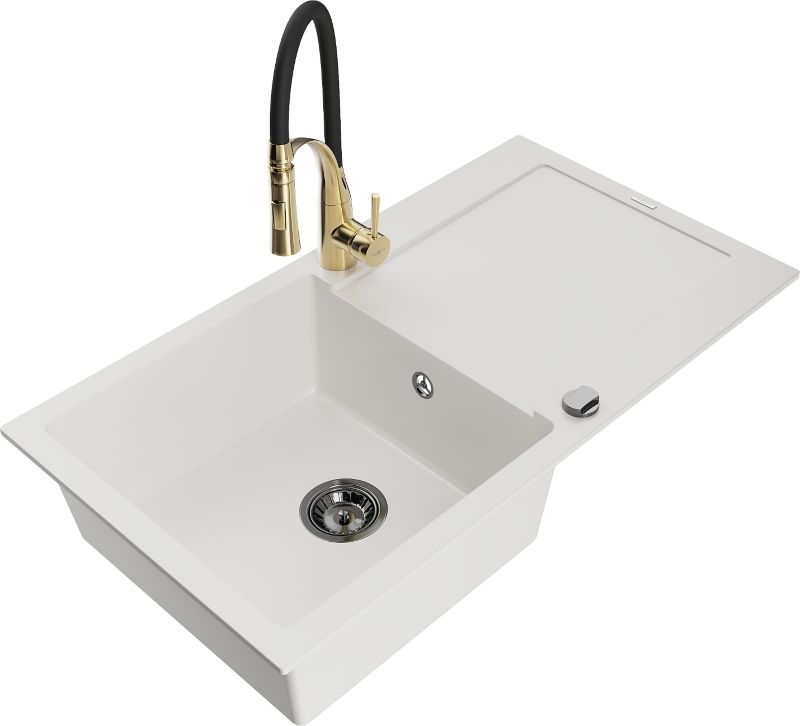 Zlewozmywak granitowy Mexen Leo 1-komorowy z ociekaczem i baterią kuchenną Aster biały - 6501-20-73450-07 1 szt.