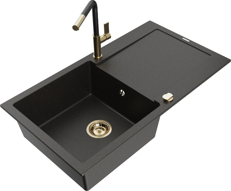 Zlewozmywak granitowy Mexen Leo 1-komorowy z ociekaczem i baterią kuchenną Flora czarny/złoty 6501-75-670401-57-G