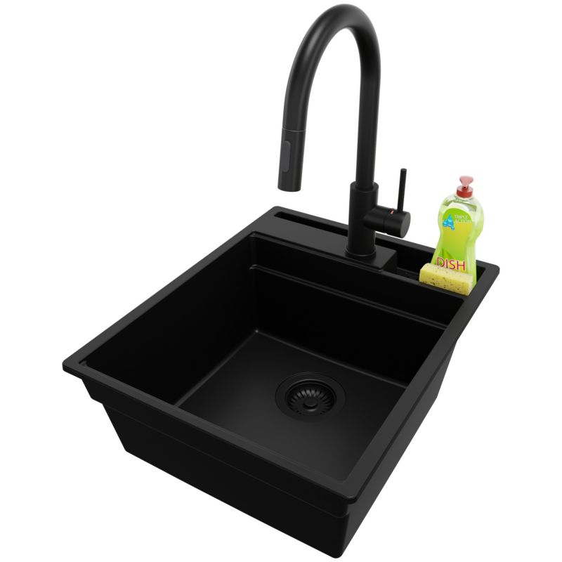 Zlewozmywak Granitowy Oslo Pocket PRIMAGRAN Nablatowy 43x53cm do szafki od 45cm z Syfonem i Baterią Cały Czarny 1 szt.