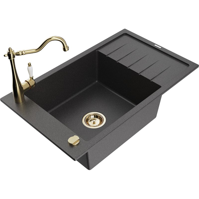 Zlewozmywak granitowy 1-komorowy Mexen Elias z ociekaczem i baterią kuchenną Carla czarny nakrapiany - 6511-76-670700-70 1 szt.