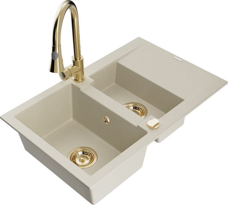 Zlewozmywak granitowy Mexen Gaspar 1,5-komorowy z ociekaczem i baterią kuchenną Elia beżowy 6507-69-670101-50