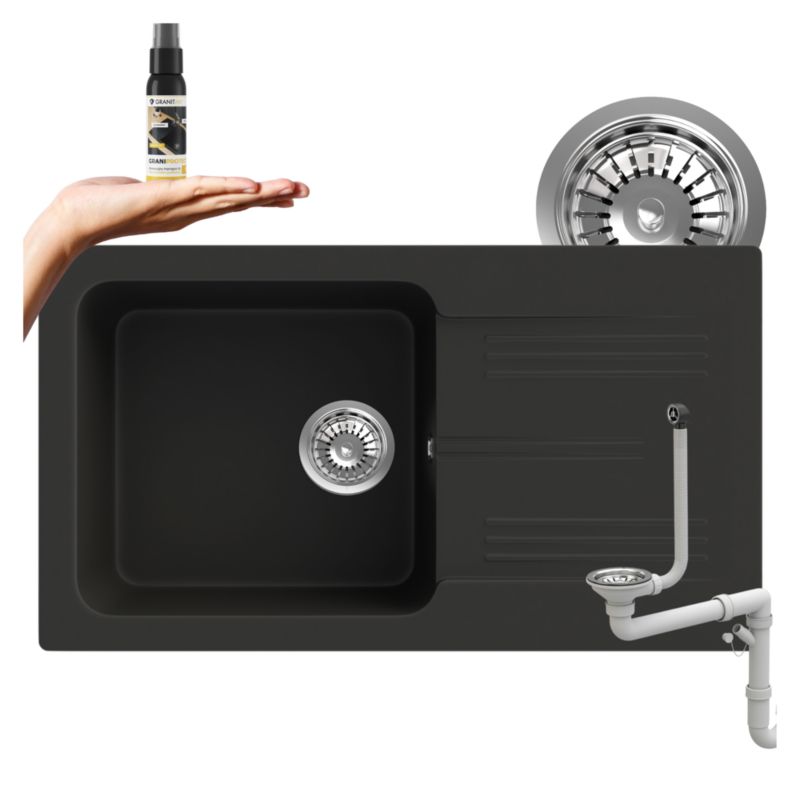 Zlewozmywak Jednokomorowy granitowy Granitan Ada Czarny Zestaw Zlew Czarny Syfon 1 kpl.