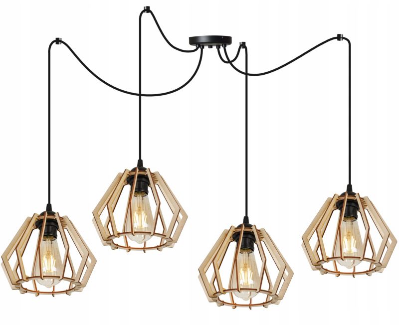 Lampa sufitowe wisząca Light Home LH Timber Spider 4x E27 60W klosz drewno diament naturalny/czarny 1szt.