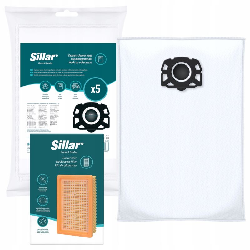 Worki do odkurzacza, Sillar, syntetyczne + 1x filtr, zamienniki do Karcher MV4-MV6 WD4-WD6 KWD4-6, zestaw, 6szt