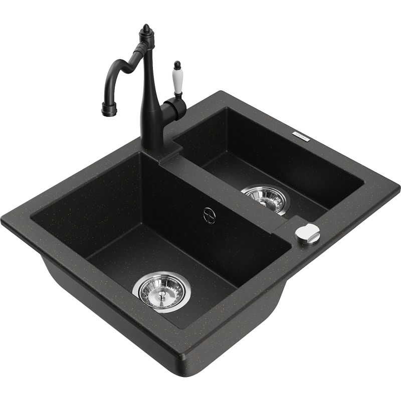 Zlewozmywak granitowy 1.5-komorowy Mexen Carlos z baterią kuchenną Carla czarny/złoty metalik 6518-75-670700-70