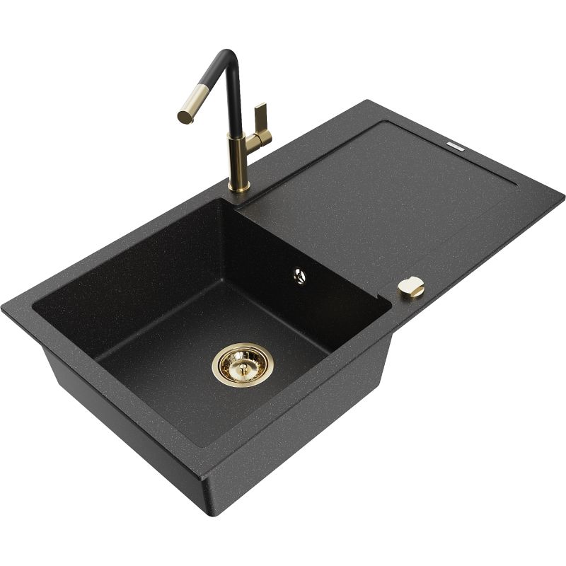 Zlewozmywak granitowy 1-komorowy Mexen Leo z ociekaczem i baterią kuchenną Flora czarny/srebrny metalik 6501-73-670401-57-G