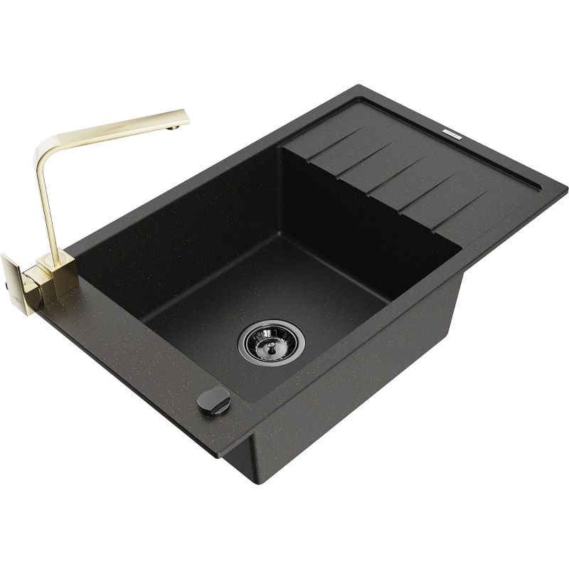 Zlewozmywak granitowy 1-komorowy Mexen Elias z ociekaczem i baterią kuchenną Rita szary - 6511-71-670300-70-B 1 szt.