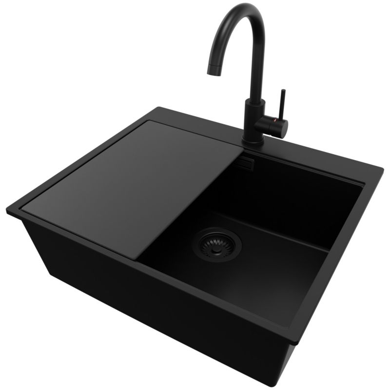 Zlewozmywak Granitowy Oslo PRIMAGRAN Nablatowy 58x50cm do szafki od 60cm, Cały Czarny + Bateria + Syfon + Deska, S438, 1 szt.