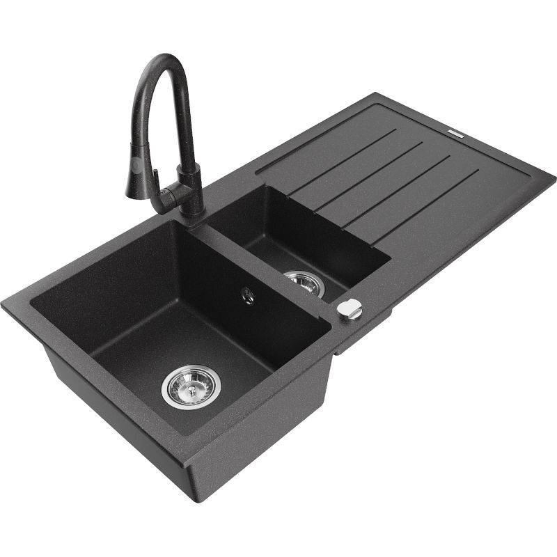 Zlewozmywak granitowy 1.5-komorowy Mexen Andres z ociekaczem i baterią kuchenną Elia czarny/srebrny - 6515-73-670101-70-B 1 szt.