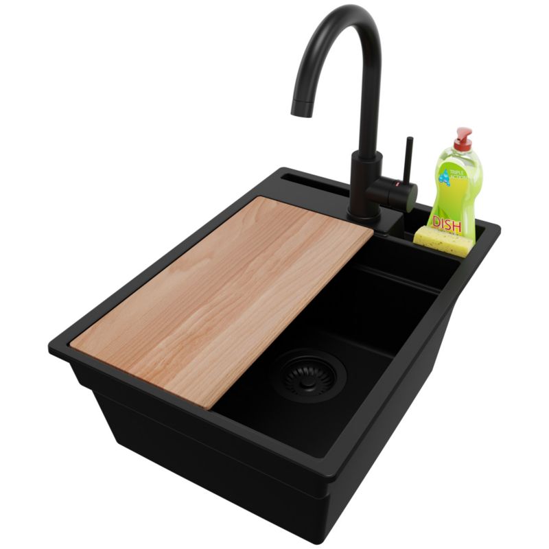 Zlewozmywak Granitowy Oslo Pocket PRIMAGRAN Nablatowy 38x53cm do szafki od 40cm z Syfonem i Baterią i Dodatkiem Cały Czarny 1 szt.