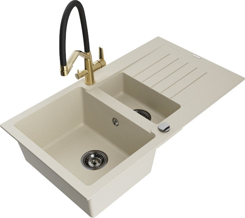 Zlewozmywak granitowy Mexen Matias 1,5-komorowy z ociekaczem i baterią kuchenną Duo biały - 6502-20-671701-57-B 1 szt.