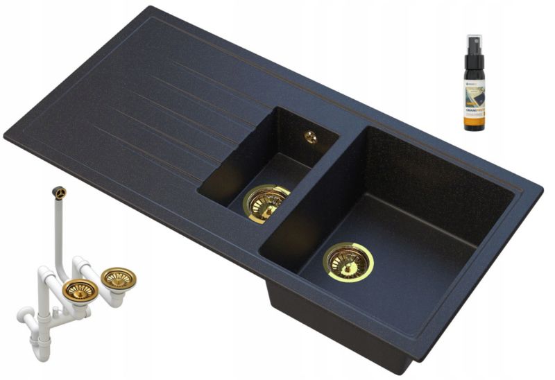 Zlewozmywak Granitowy Kuchenny Granitan Solaris Czarny z Drobinkami Złotego z Syfonem 1kpl.