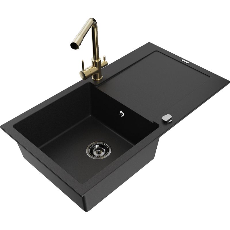 Zlewozmywak granitowy 1-komorowy Mexen Leo z ociekaczem i baterią kuchenną Duero czarny 6501-77-671600-50-B