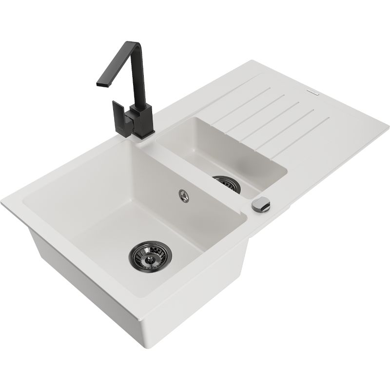 Zlewozmywak granitowy 1.5-komorowy Mexen Matias z ociekaczem i baterią kuchenną Rita biały - 6502-20-670300-50 1 szt.