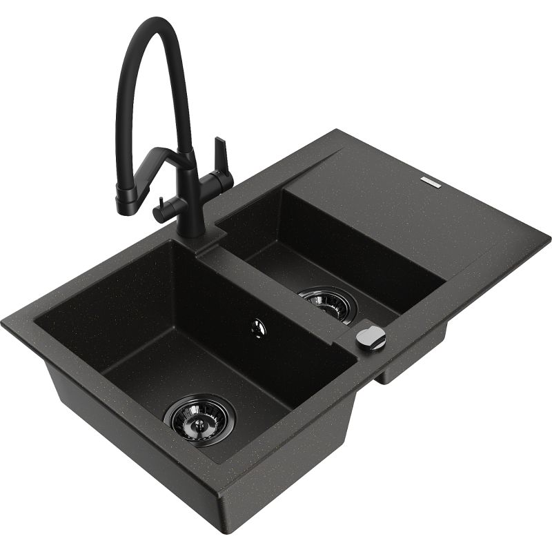 Zlewozmywak granitowy 1.5-komorowy Mexen Gaspar z ociekaczem i baterią kuchenną Duo szary - 6507-71-671701-70-B 1 szt.