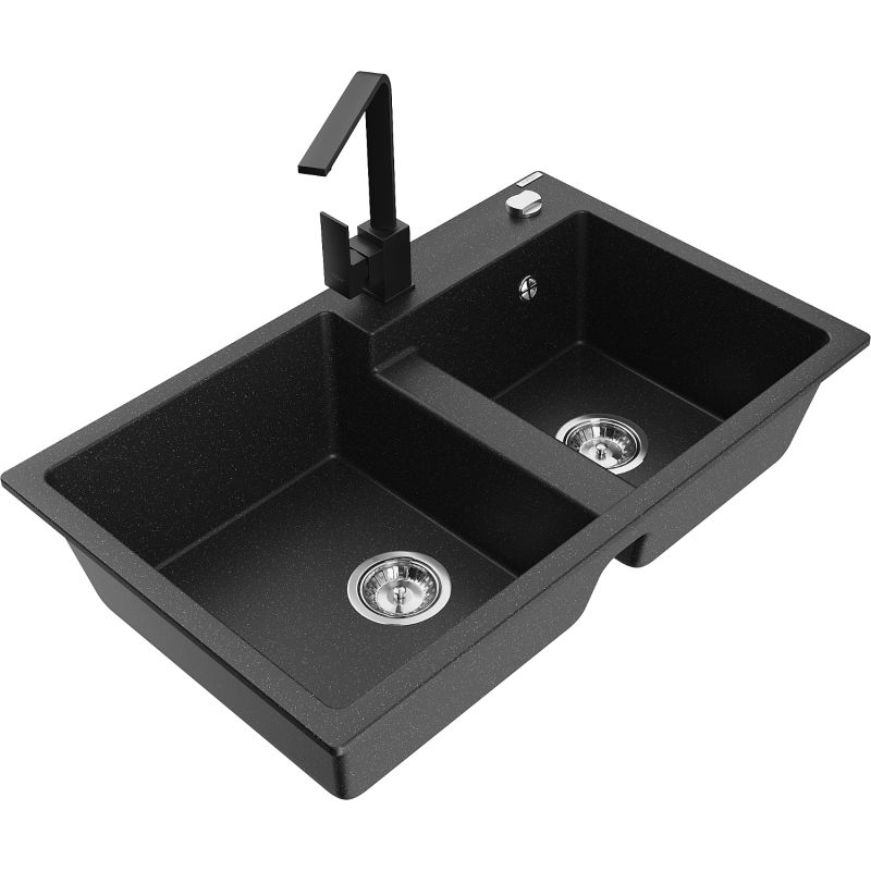 Zlewozmywak granitowy 2-komorowy Mexen Tomas z baterią kuchenną Rita czarny/srebrny metalik - 6516-73-670300-50 1 szt.