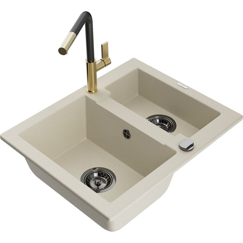 Zlewozmywak granitowy 1.5-komorowy Mexen Carlos z baterią kuchenną Flora beżowy 6518-69-670401-57-B