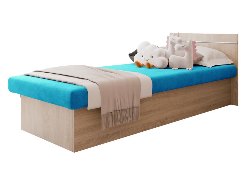 Łóżko jednoosobowe MIRJAN 24 Berta Bis 190x80 bez pojemnika dąb sonoma + niebieski plusz 1 szt.