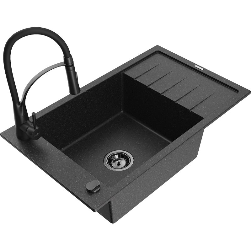 Zlewozmywak granitowy 1-komorowy Mexen Elias z ociekaczem i baterią Aster czarny/złoty metalik - 6511-75-73450-70-B 1 szt.