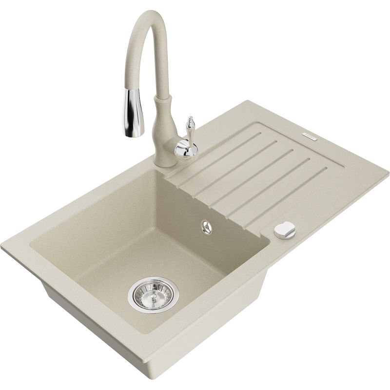 Zlewozmywak granitowy 1-komorowy Mexen Pablo z ociekaczem i baterią kuchenną Savita beżowy 6510-69-672601-69