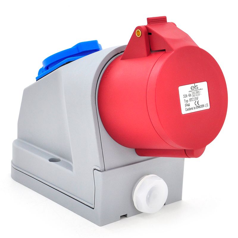 Gniazdo siłowe stałe kombi ELS Elektrotechnika HTC125F 32A 5P 400V 1x230V IP44, rozdzielnica naścienna kompaktowa PA6, 1 szt.