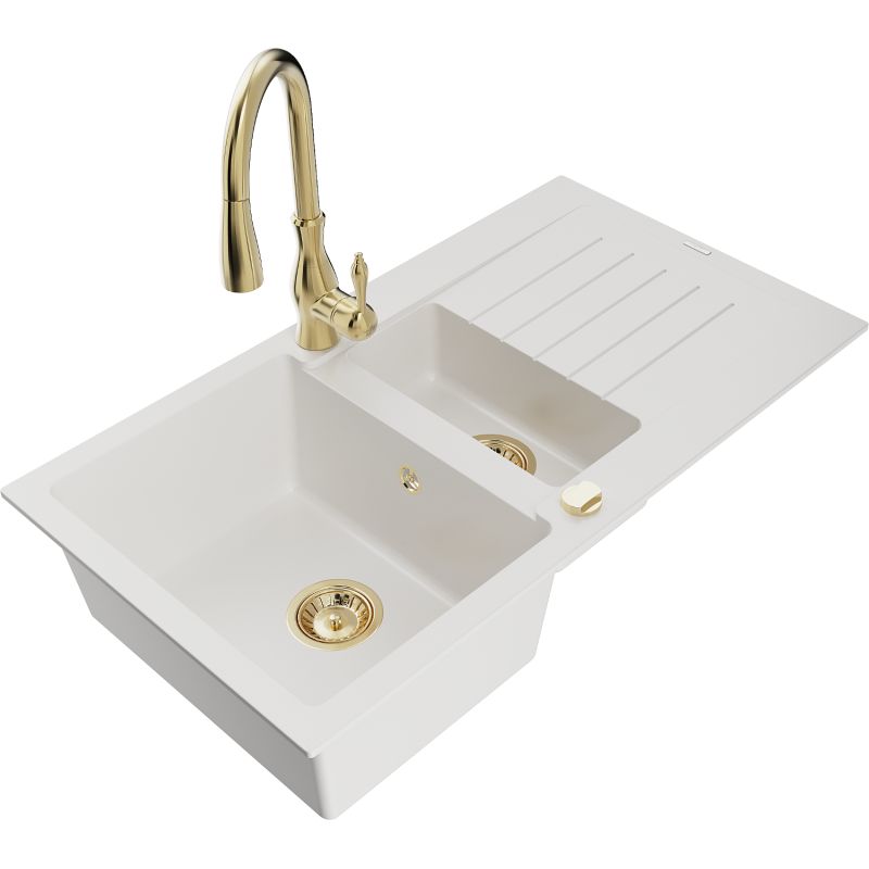 Zlewozmywak granitowy 1.5-komorowy Mexen Matias z ociekaczem i baterią kuchenną Savita biały 6502-20-672601-50