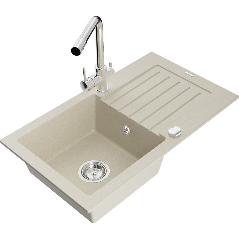 Zlewozmywak granitowy 1-komorowy Mexen Pablo z ociekaczem i baterią kuchenną Duero beżowy 6510-69-671600-00