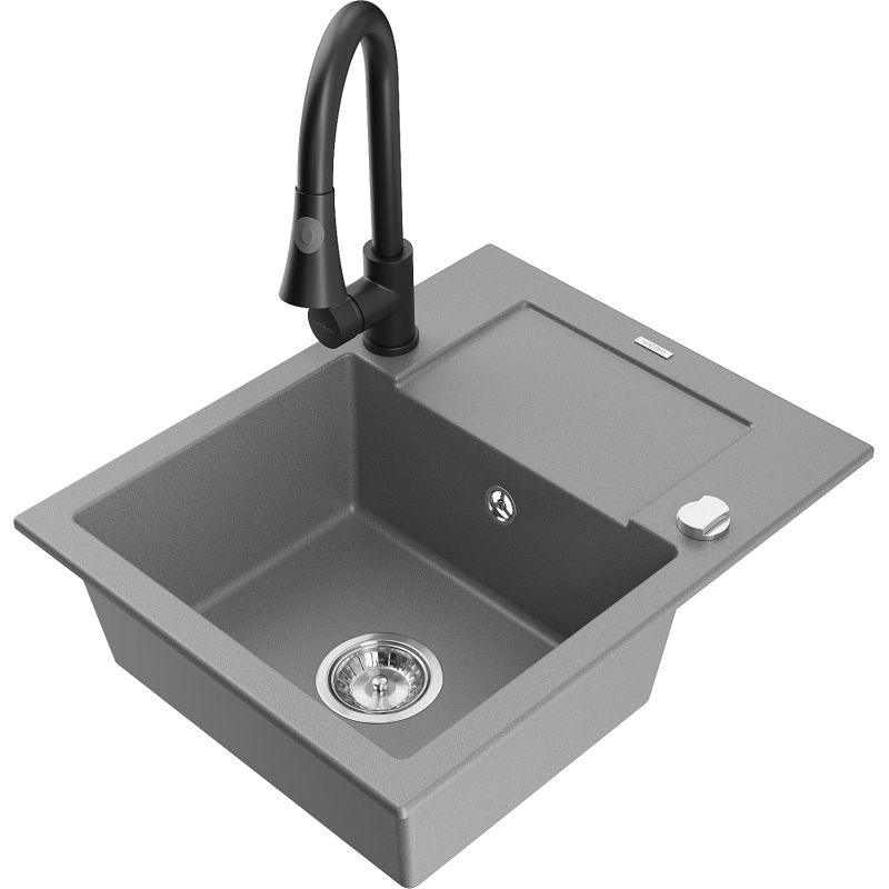 Zlewozmywak granitowy 1-komorowy Mexen Enzo z ociekaczem i baterią kuchenną Elia szary 6506-71-670101-70