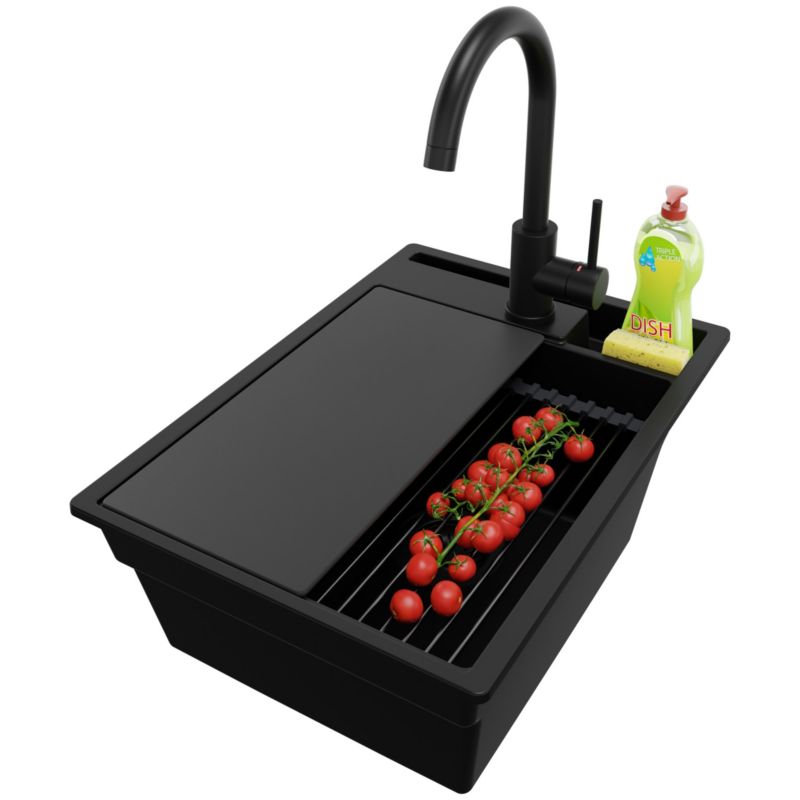 Zlewozmywak Granitowy Oslo Pocket PRIMAGRAN Nablatowy 38x53cm, Cały Czarny + Bateria + Syfon + Akcesorium, S058, 1 szt.