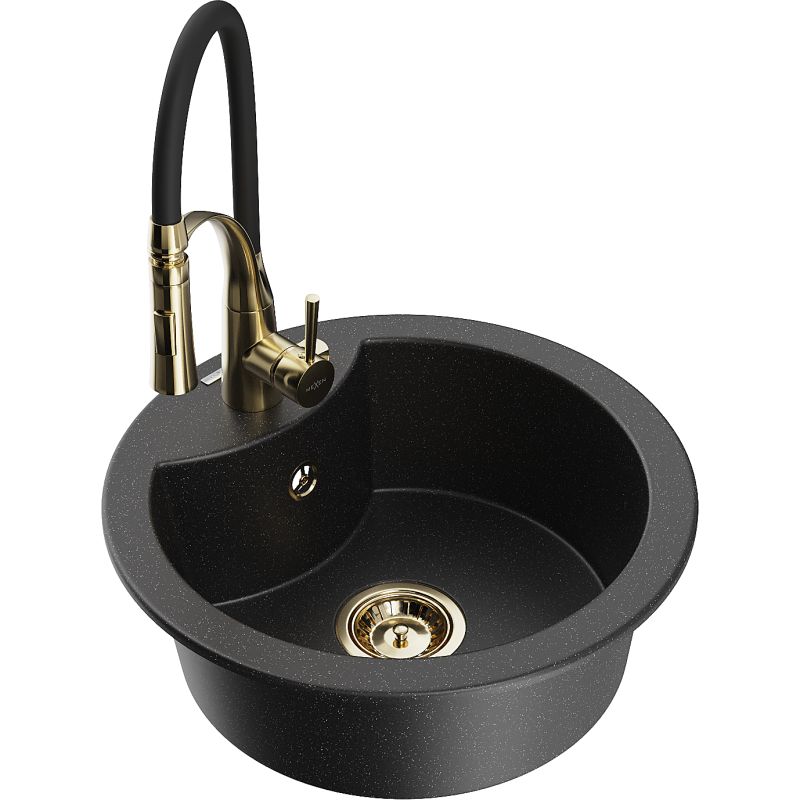 Zlewozmywak granitowy 1-komorowy Mexen Diego z baterią kuchenną Aster czarny/srebrny metalik 6512-73-73450-57-G