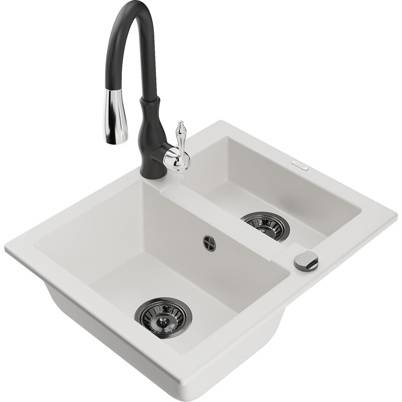 Zlewozmywak granitowy 1.5-komorowy Mexen Carlos z baterią kuchenną Savita czarny - 6518-77-672601-00 1 szt.