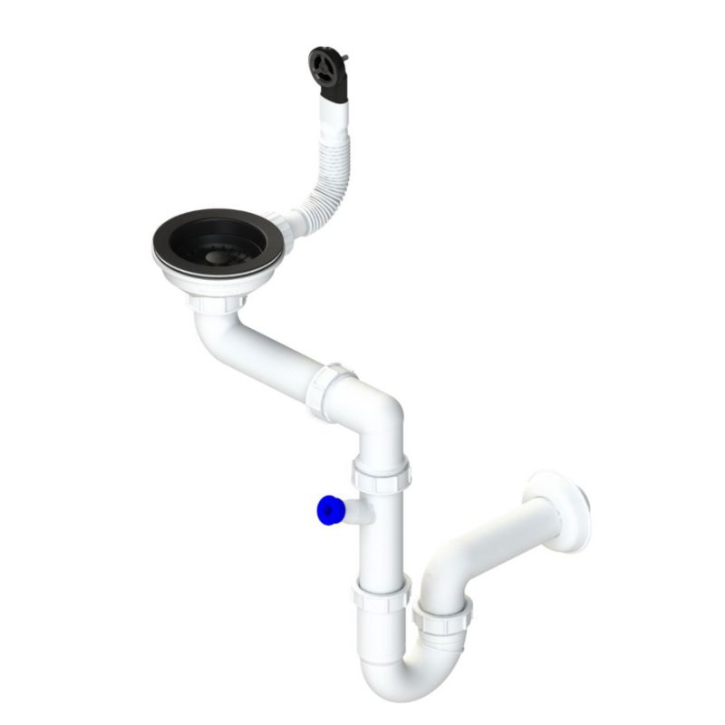 Zestaw odpływowy do zlewozmywaków 1 komorowych, GranMaster, oszczędzający miejsce, manualny z elementami czarnymi