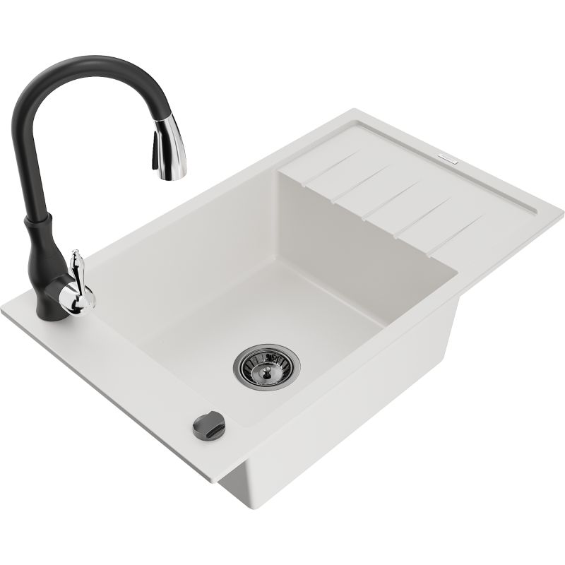 Zlewozmywak granitowy 1-komorowy Mexen Elias z ociekaczem i baterią kuchenną Savita czarny - 6511-77-672601-00 1 szt.