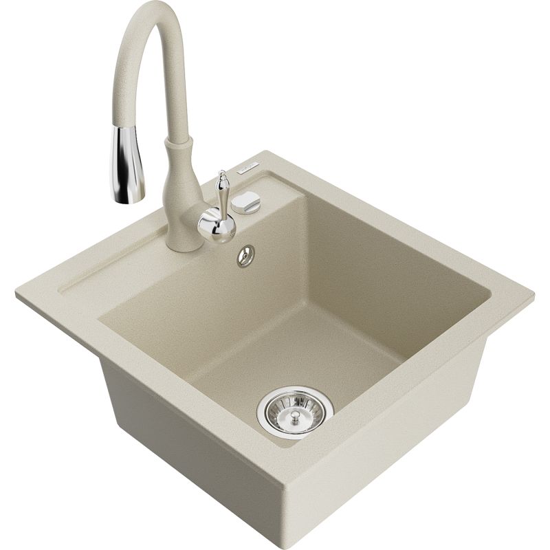 Zlewozmywak granitowy 1-komorowy Mexen Vito z baterią kuchenną Savita beżowy 6503-69-672601-69