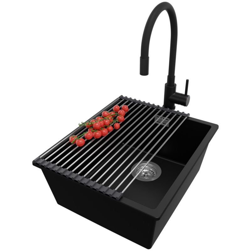 Zlewozmywak Granitowy Londyn Slim PRIMAGRAN Nablatowy 41x47cm do szafki od 45cm z Syfonem i Baterią i Dodatkiem Czarny 1 szt.