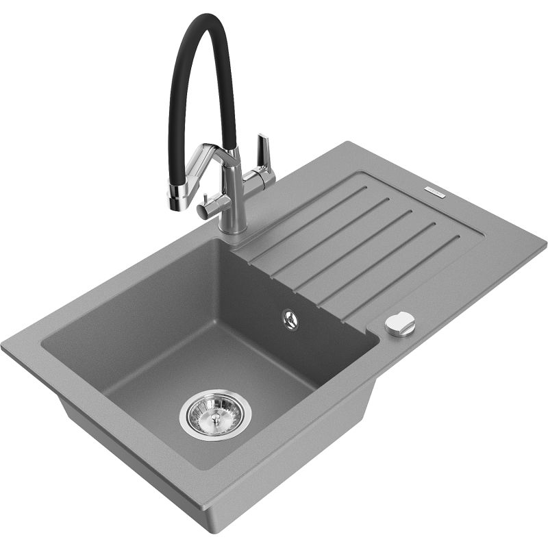 Zlewozmywak granitowy 1-komorowy Mexen Pablo z ociekaczem i baterią kuchenną Duo szary 6510-71-671701-07